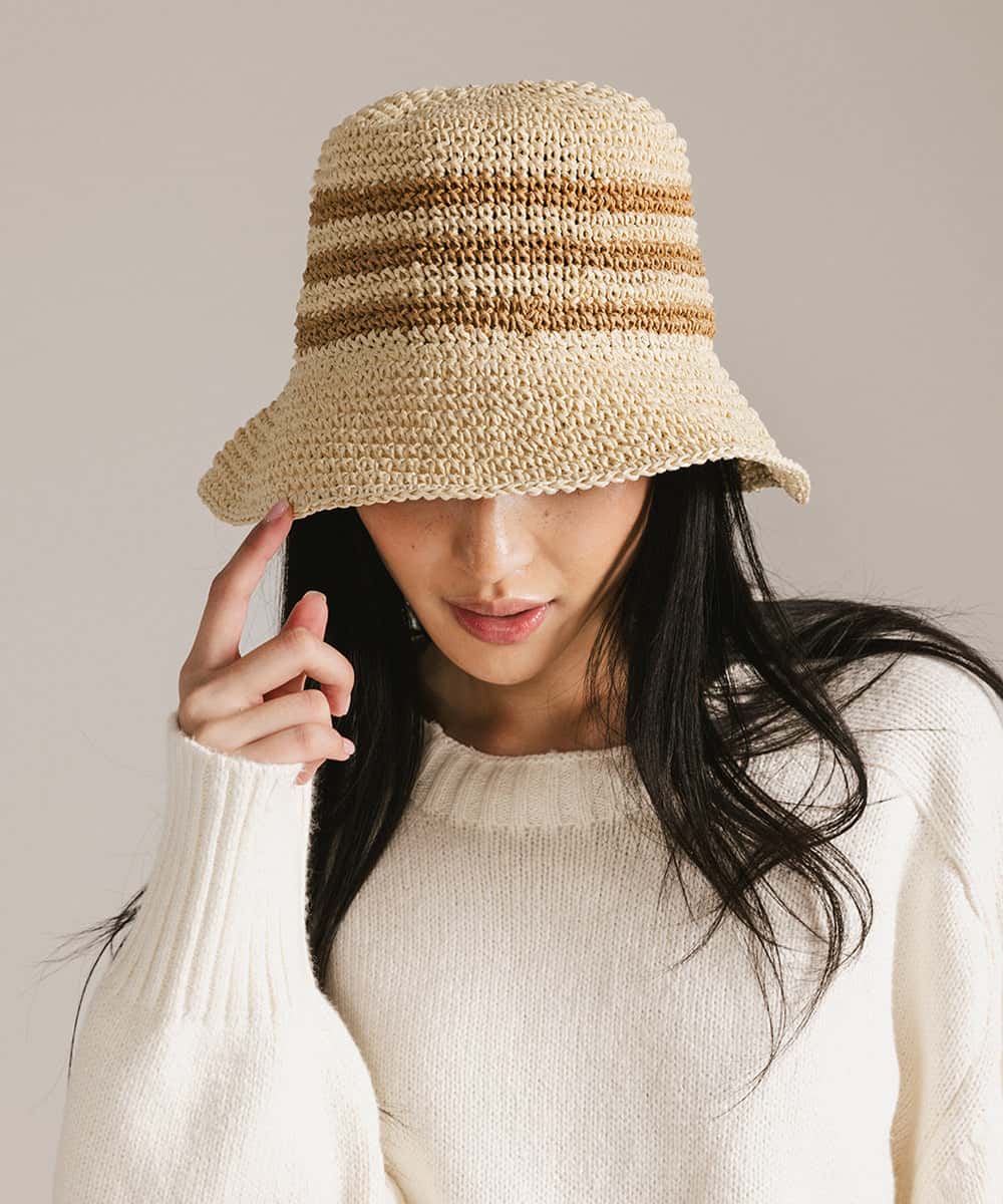 Beige Bloom Straw Sun Bucket Hat