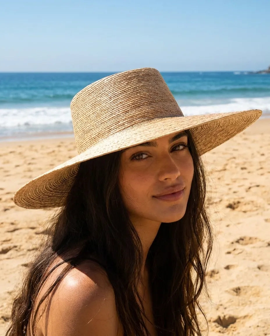 Natural Wide Brim Palm Leaf Boater Hat