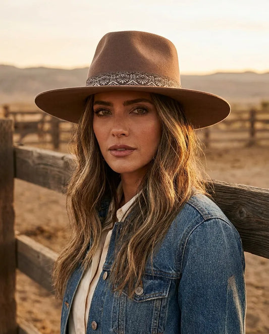 Intrigue Wide Brown Wool Felt Cowgirl Fedora Hat