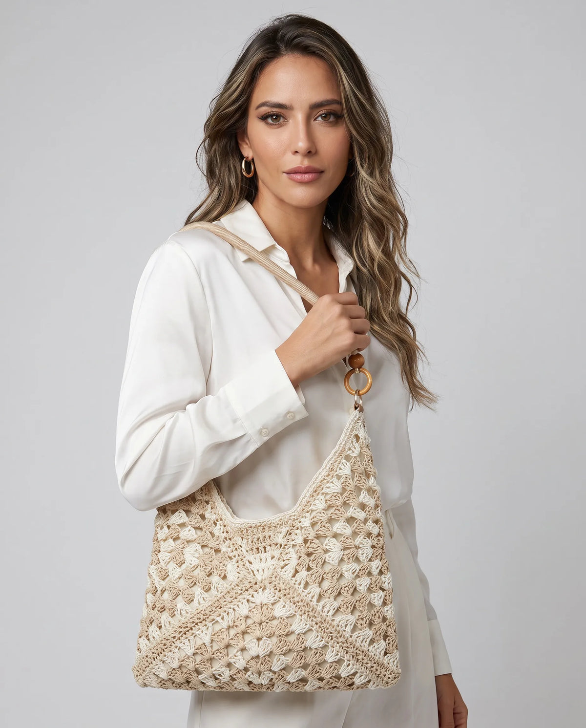 Women’s Khaki and Beige Woven Tote Bag with Wooden Beaded Handle