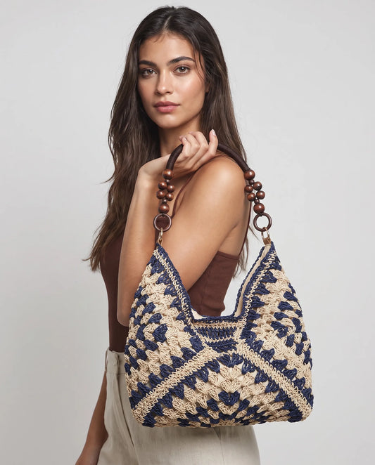 Women’s Black Woven Tote Bag with Wooden Beaded Handle
