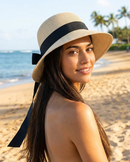 Wide Brim Straw Bucket Sun Hat with Oversized Bow