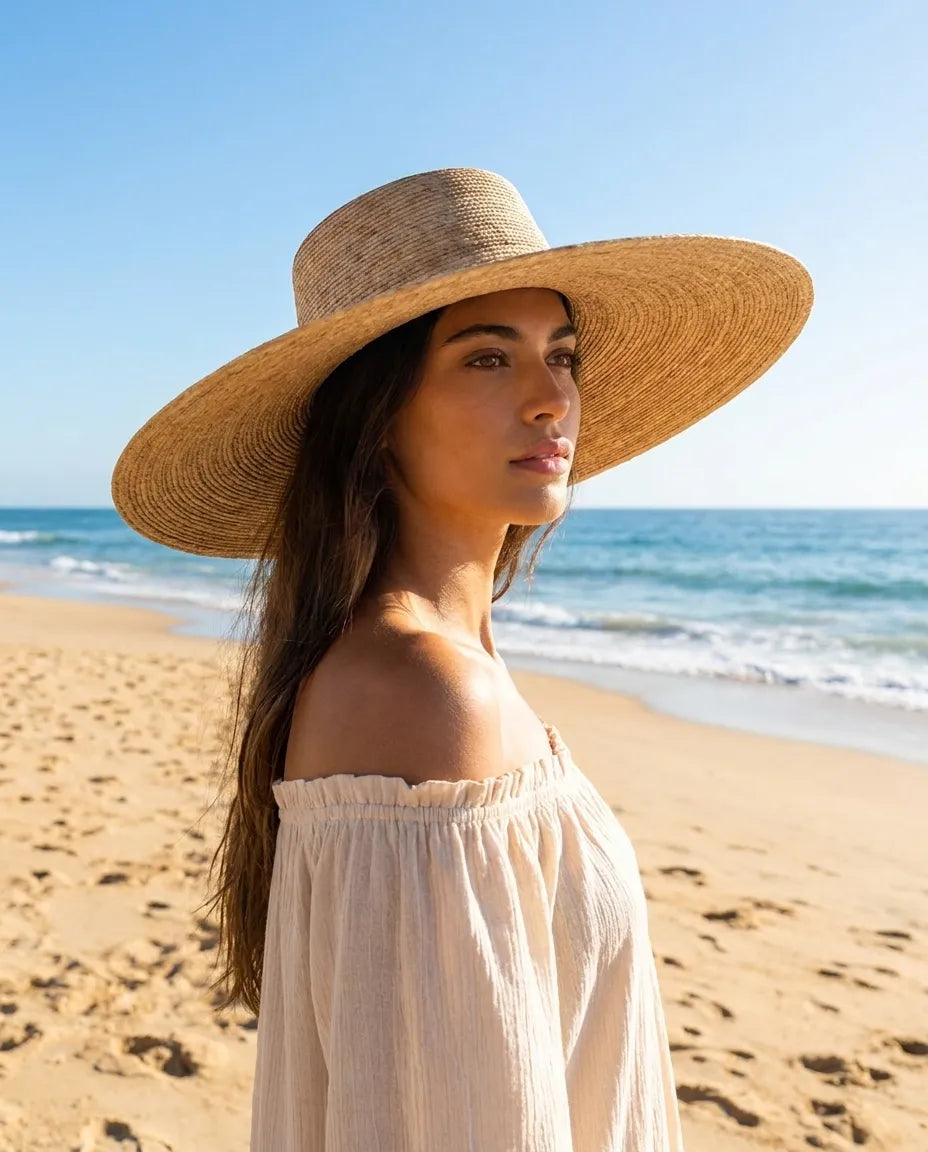 Natural Wide Brim Palm Leaf Boater Hat
