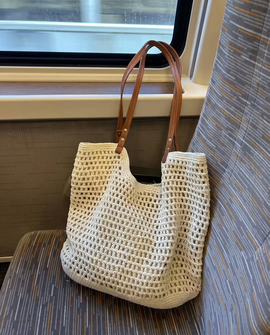 Women’s Ivory Open-Knit Tote Bag – Oversized Cotton Linen Beach Bag