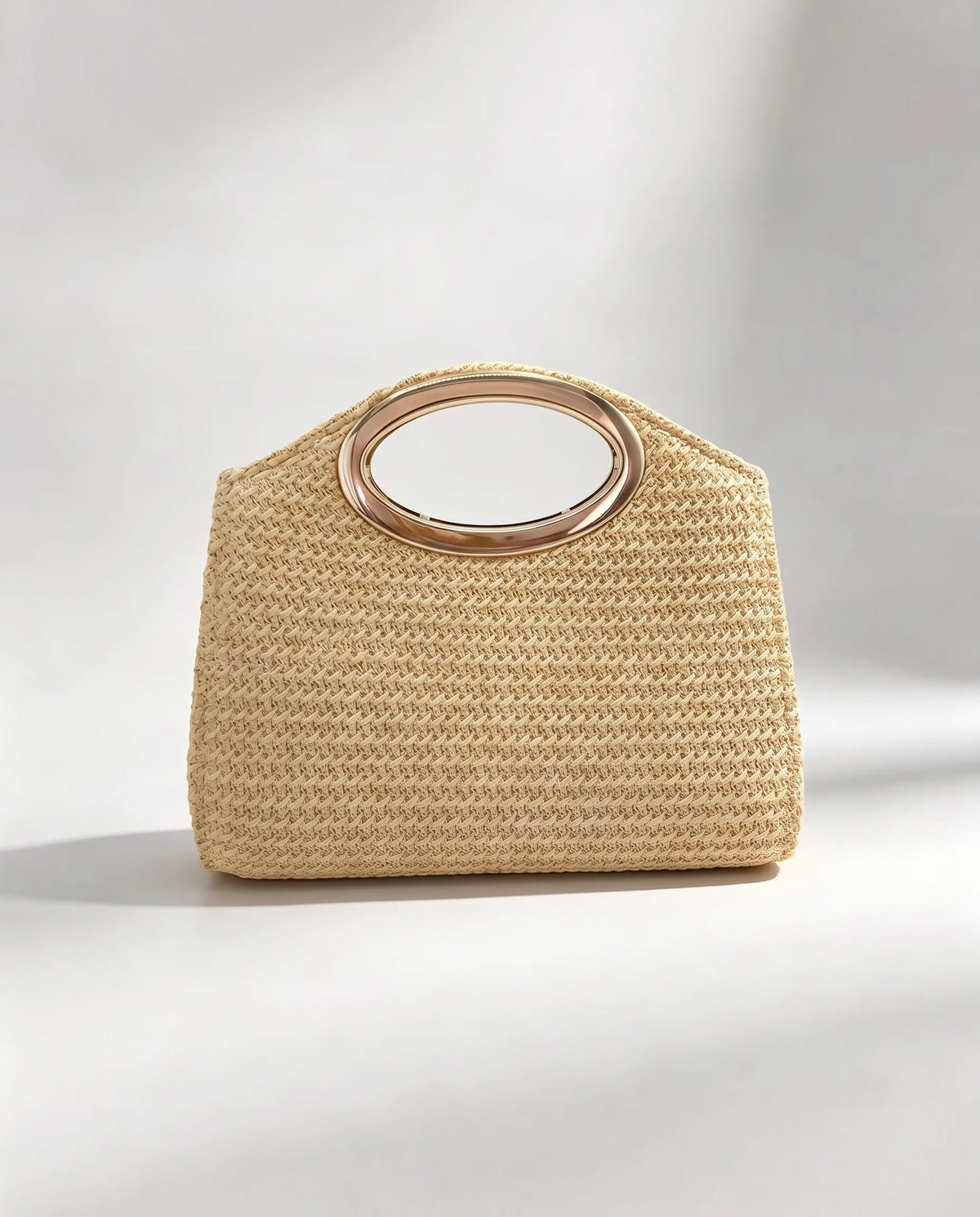 Women’s Beige Woven Handbag with Round Metal Handles