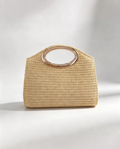 Women’s Beige Woven Handbag with Round Metal Handles