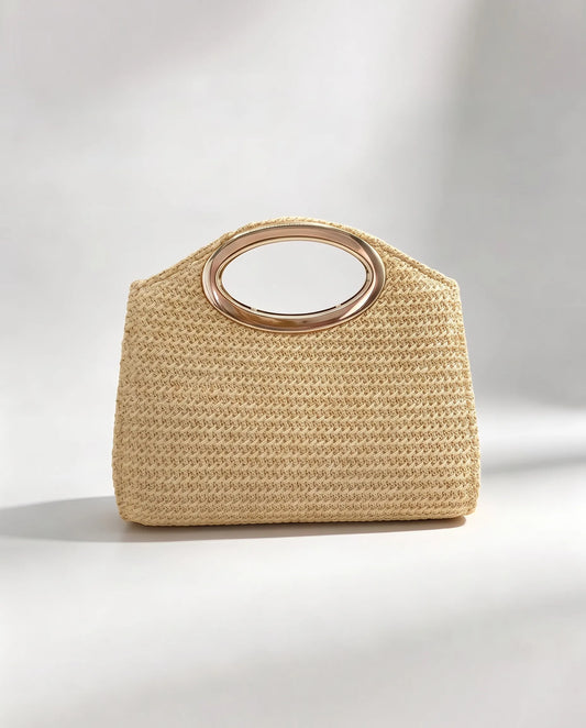 Women’s Beige Woven Handbag with Round Metal Handles