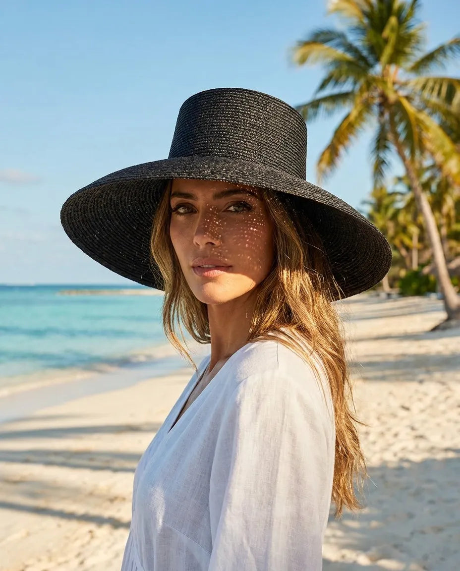 Black Jolie Packable Raffia Straw Bucket Hat