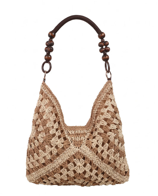 Brown and Beige Woven Tote Bag For Women with Wooden Beaded Handle
