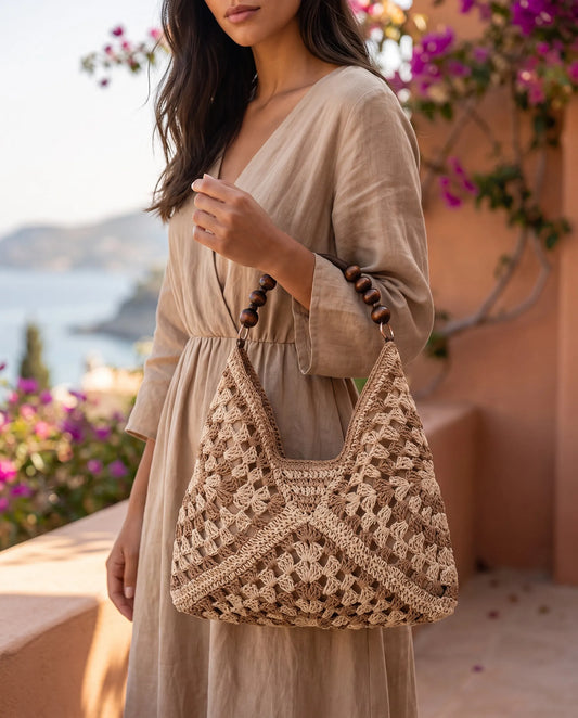 Brown and Beige Woven Tote Bag For Women with Wooden Beaded Handle