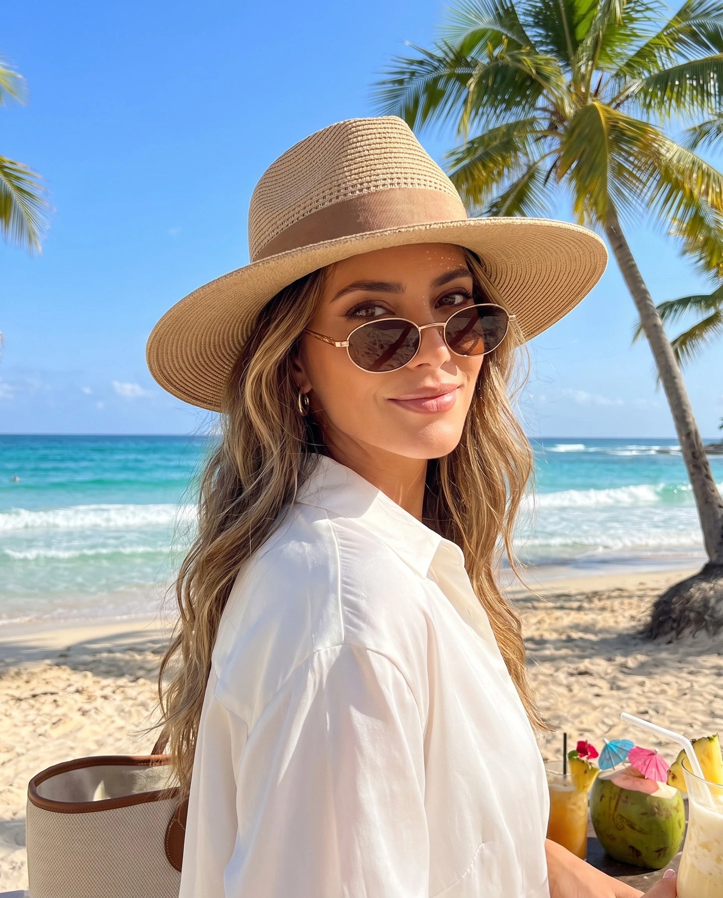 Brown Handwoven Sun Panama Straw Hat for Beach & Summer