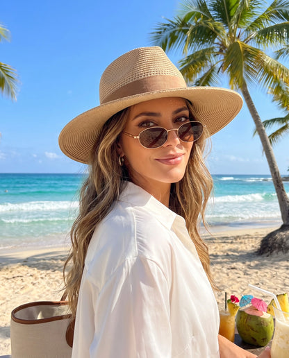 Brown Handwoven Sun Panama Straw Hat for Beach & Summer