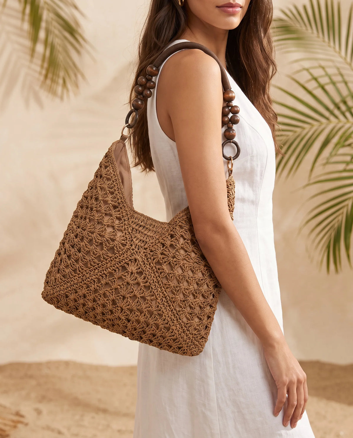 Brown Woven Shoulder Tote Bag with Wooden Bead Handle