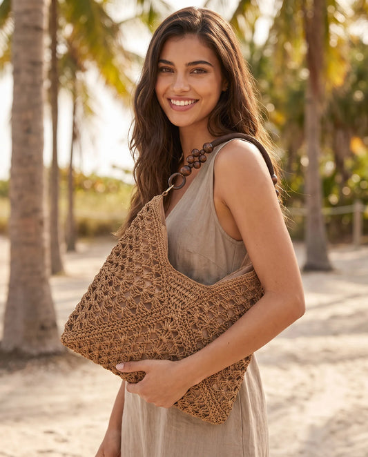 Brown Woven Shoulder Tote Bag with Wooden Bead Handle