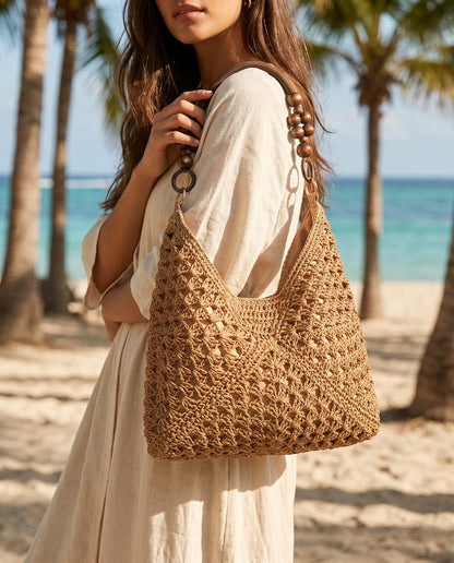 Brown Woven Shoulder Tote Bag with Wooden Bead Handle