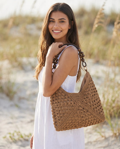 Brown Woven Shoulder Tote Bag with Wooden Bead Handle