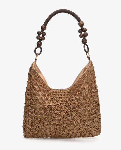 Brown Woven Shoulder Tote Bag with Wooden Bead Handle