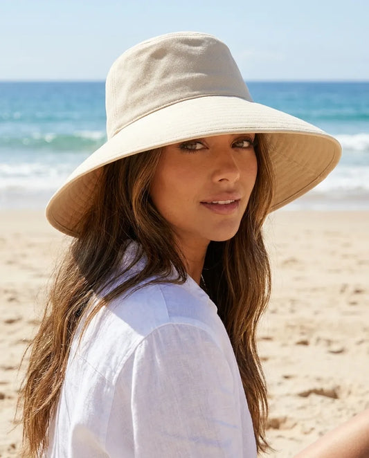 Beige Cotton Canvas Wide Brim Bucket Hat