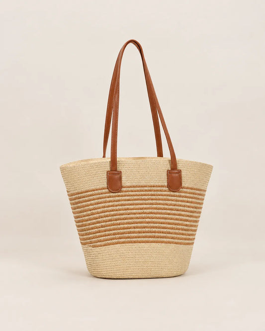 Beige and Khaki Striped Woven Tote Bag for Women