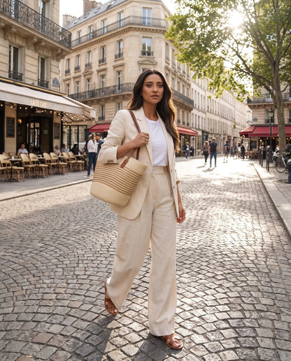 Beige and Khaki Striped Woven Tote Bag for Women