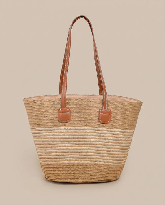 Khaki and Beige Striped Woven Tote Bag