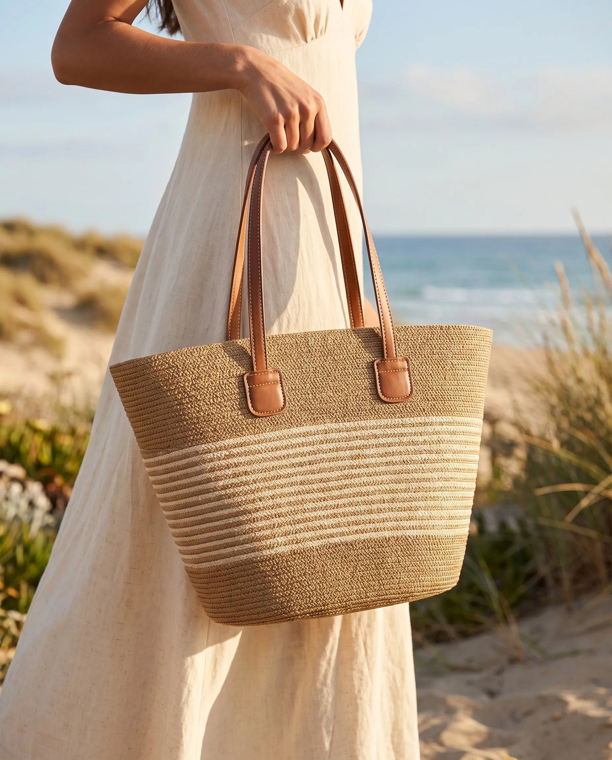 Khaki and Beige Striped Woven Tote Bag