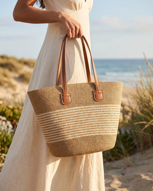 Khaki and Beige Striped Woven Tote Bag