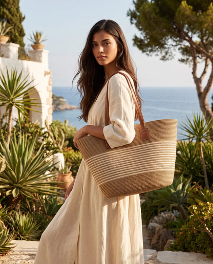 Khaki and Beige Striped Woven Tote Bag