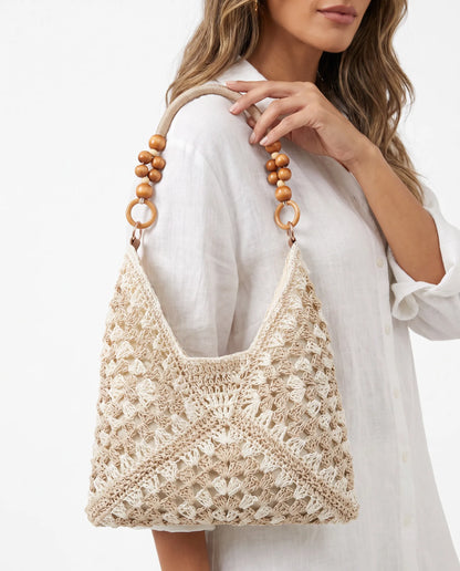 Women’s Khaki and Beige Woven Tote Bag with Wooden Beaded Handle