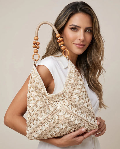 Women’s Khaki and Beige Woven Tote Bag with Wooden Beaded Handle