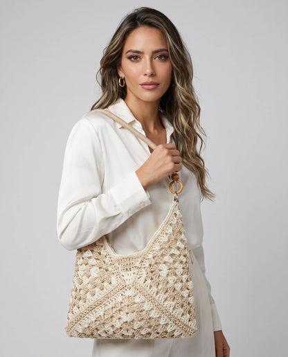 Women’s Khaki and Beige Woven Tote Bag with Wooden Beaded Handle
