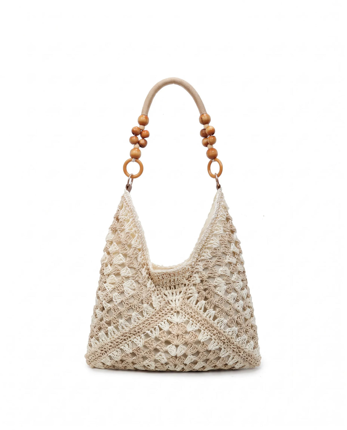 Women’s Khaki and Beige Woven Tote Bag with Wooden Beaded Handle