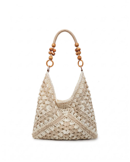 Women’s Khaki and Beige Woven Tote Bag with Wooden Beaded Handle