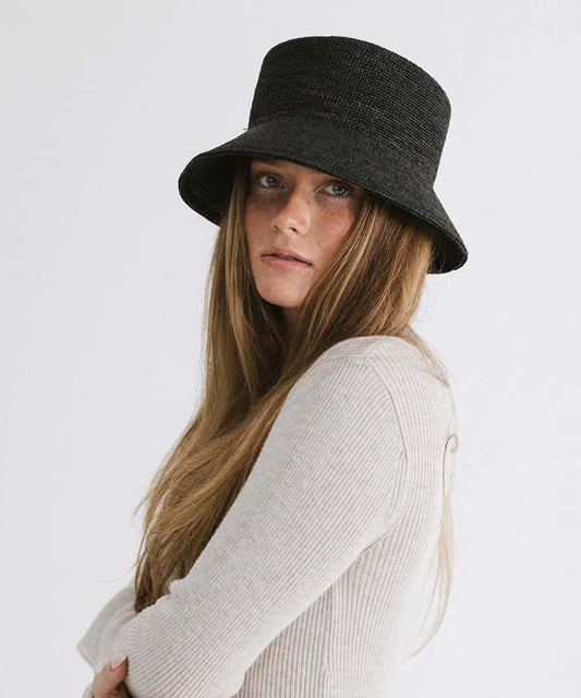Solstice Packable Black Straw Bucket Hat