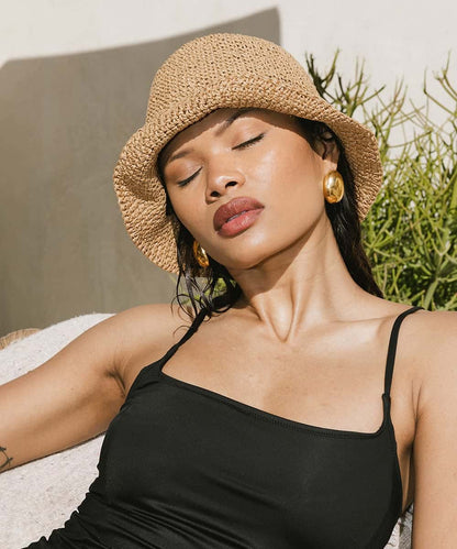 Brown Bloom Packable Straw Bucket Hat
