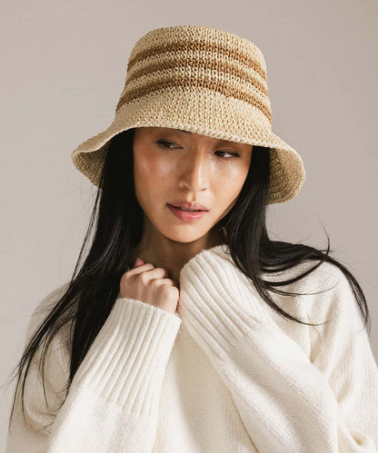 Beige Bloom Straw Sun Bucket Hat