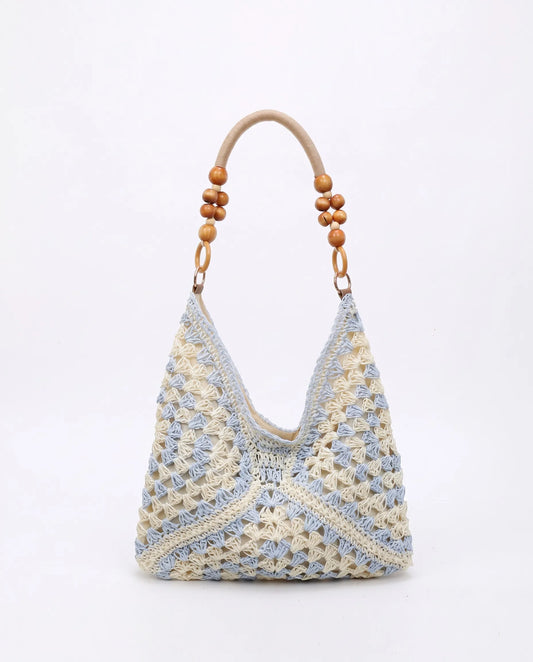 Sky Blue Woven Shoulder Tote Bag with Wooden Bead Handle