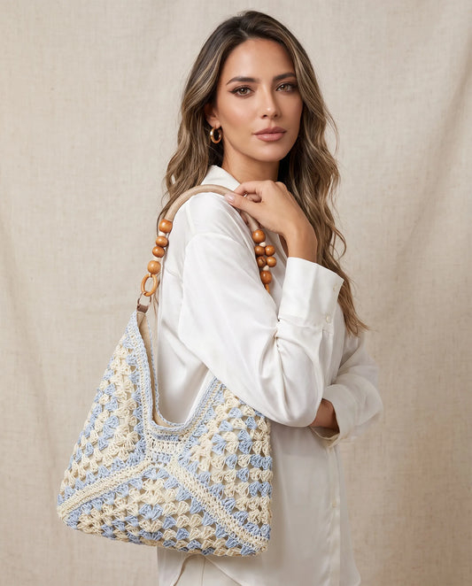 Sky Blue Woven Shoulder Tote Bag with Wooden Bead Handle