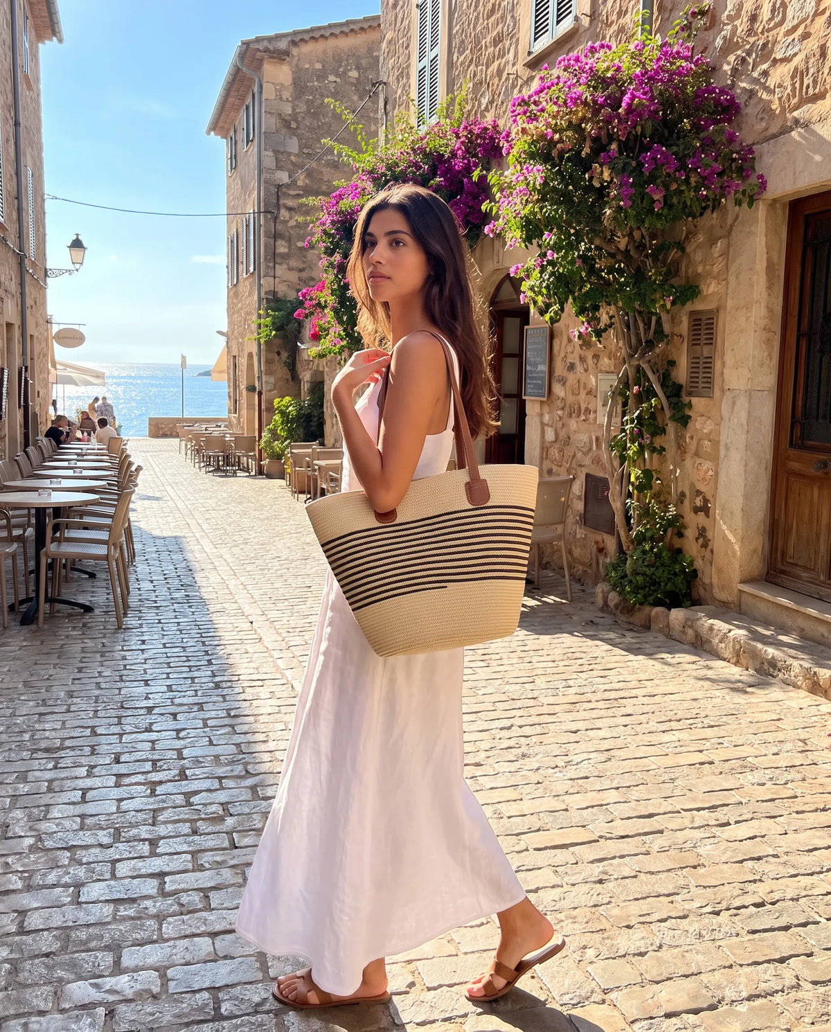 Women's Beige Woven Tote with Black Stripes for Summer Getaways