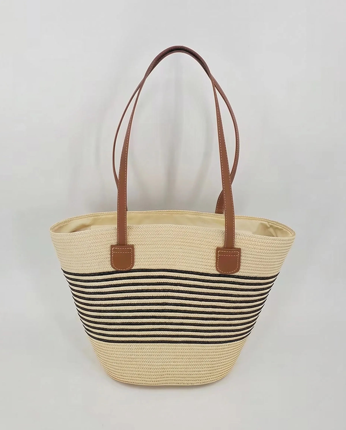 Women's Beige Woven Tote with Black Stripes for Summer Getaways