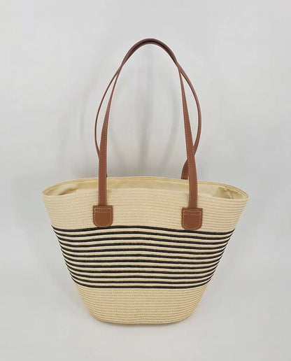 Women's Beige Woven Tote with Black Stripes for Summer Getaways