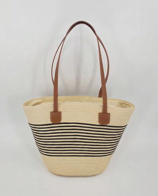 Women's Beige Woven Tote with Black Stripes for Summer Getaways