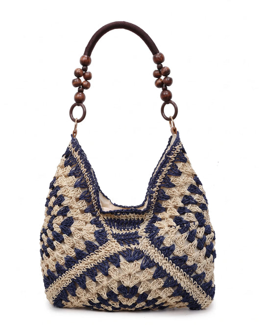 Women’s Black Woven Tote Bag with Wooden Beaded Handle