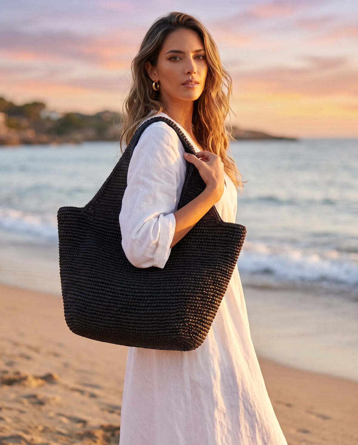 Oversized Black Woven Bag for Beach and Travel
