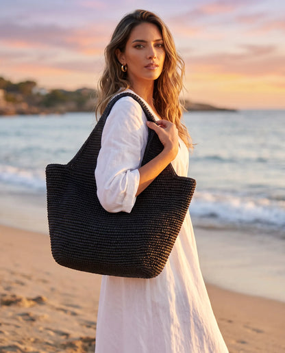 Oversized Black Woven Bag for Beach and Travel
