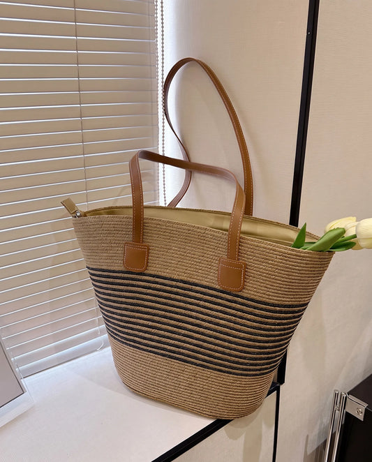 Women's Khaki Woven Beach Bag with Bold Black Stripes