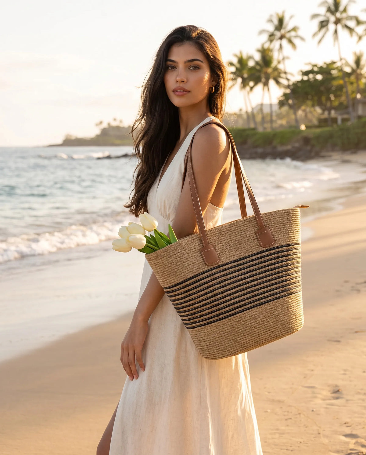 Women's Khaki Woven Beach Bag with Bold Black Stripes