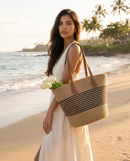 Women's Khaki Woven Beach Bag with Bold Black Stripes