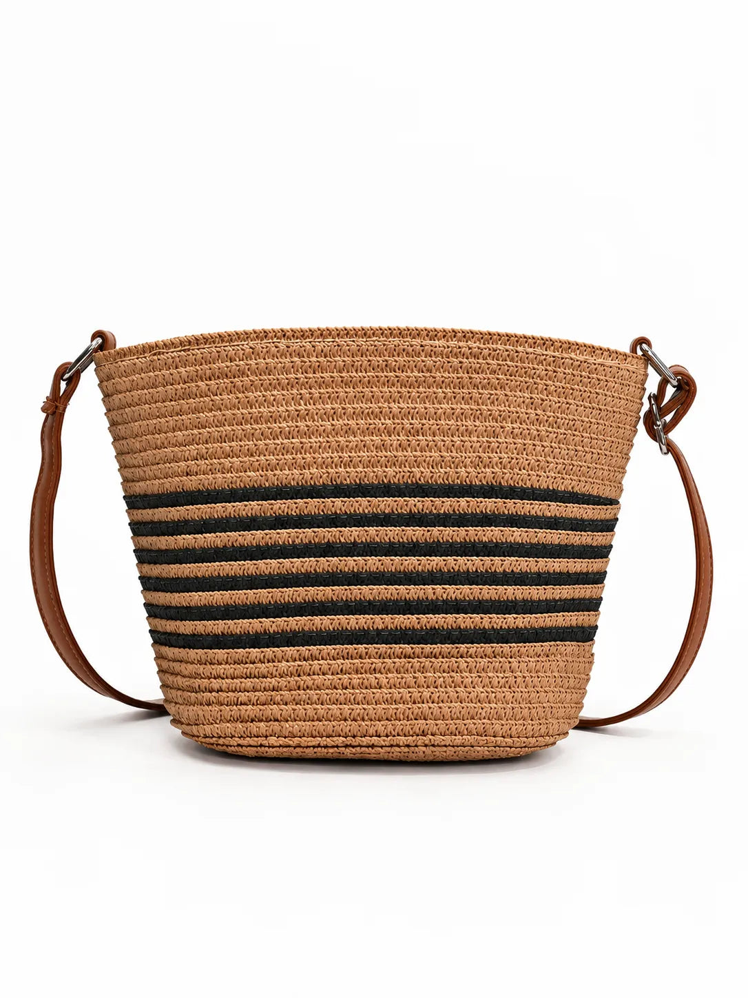 Women’s Striped Woven Straw Crossbody Bucket Bag