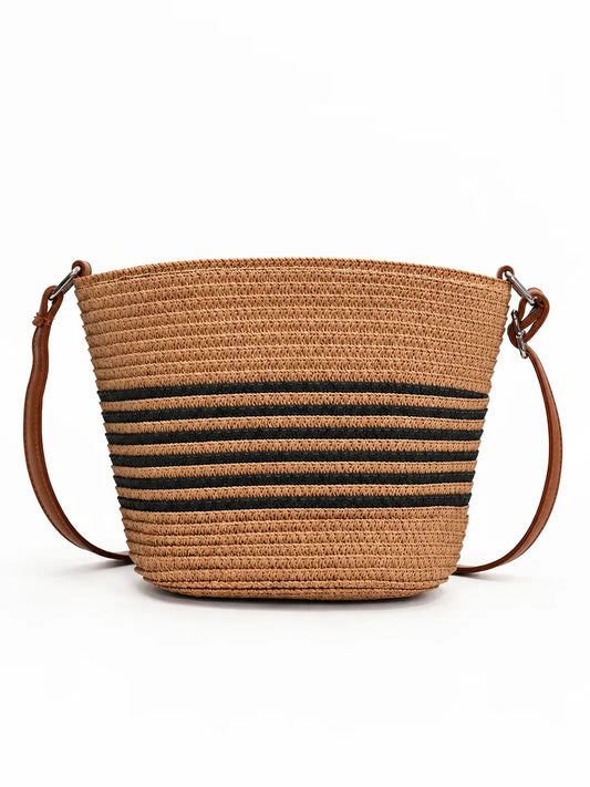 Women’s Striped Woven Straw Crossbody Bucket Bag
